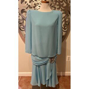 Ursula of Switzerland Dress Blue Size 10 Petite Polyester beaded flower Vintage